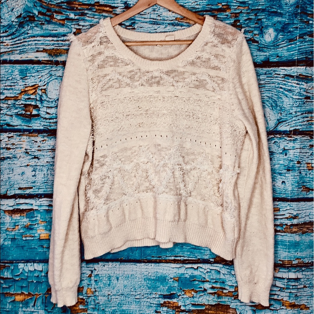 Anthropologie & Moth Bramble Ecru Textured Fringe Macramé-Inspired Boho Sweater